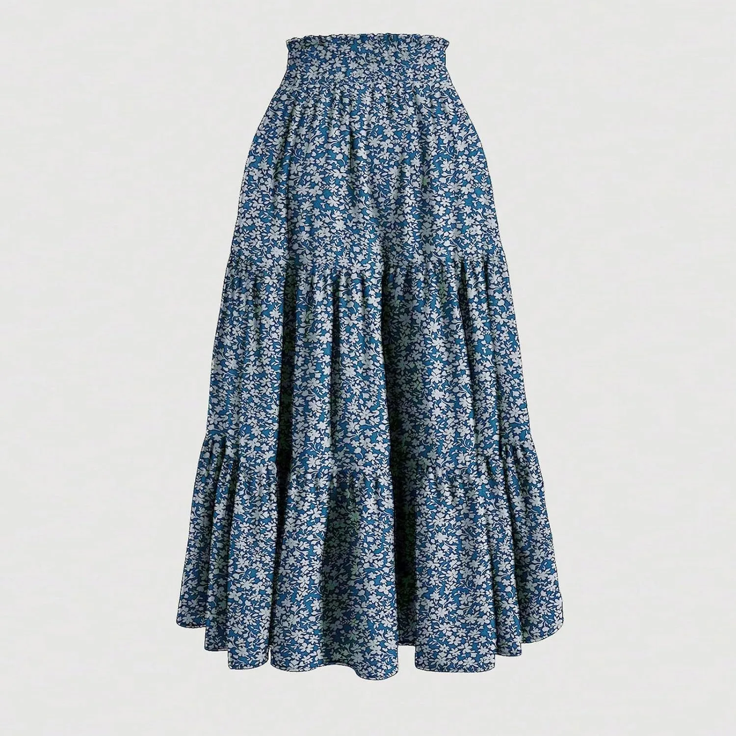 Womens High Elastic Waist Midi Skirt Summer Flowy Ruffle Pleated A line Skirts Lightweight Boho Tiered Skirt