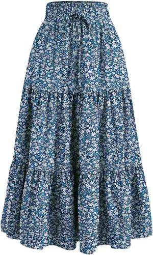 Womens High Elastic Waist Midi Skirt Summer Flowy Ruffle Pleated A line Skirts Lightweight Boho Tiered Skirt