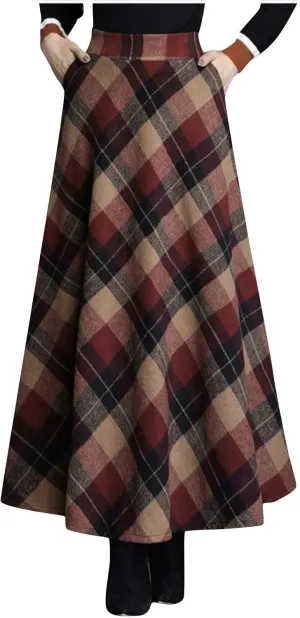 Women's Long Plaid Skirt Fall Winter High Waist A-line Pleated Maxi Skirts 2025 Spring Summer Trendy Vintage Dress