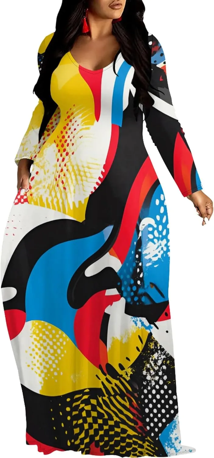 Women's Long Sleeve Plus Size Maxi Dresses T Shirt Boho Sundress Midi Outfit Fall Dress with Pockets
