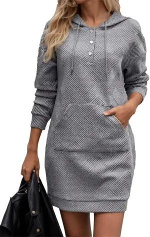 Women's Long Sleeve Texture Hoodie Dress Mini Oversized Tunic Sweatshirt Dresses Fall Modest Short Dress with Pocket