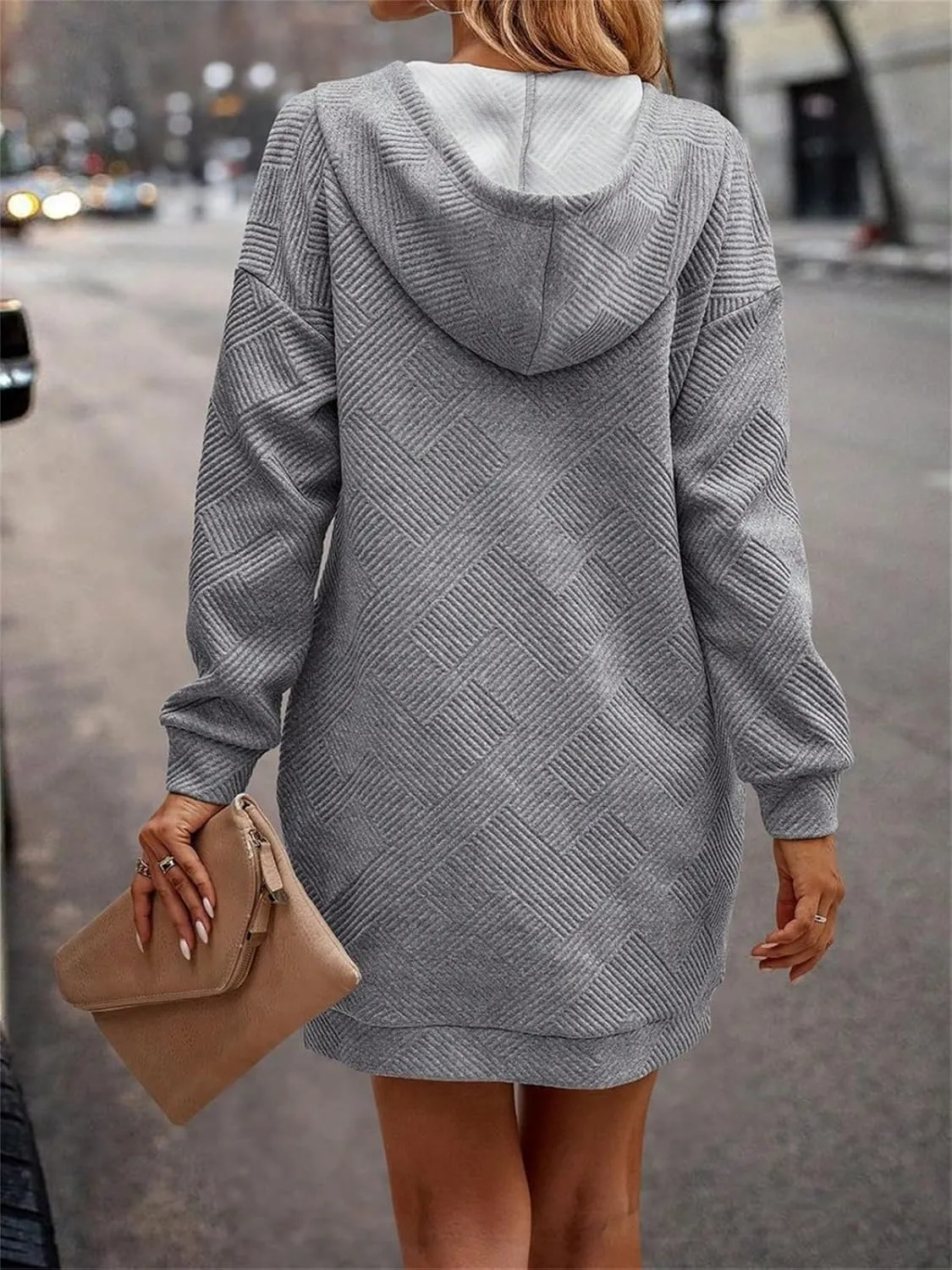Women's Long Sleeve Texture Hoodie Dress Mini Oversized Tunic Sweatshirt Dresses Fall Modest Short Dress with Pocket