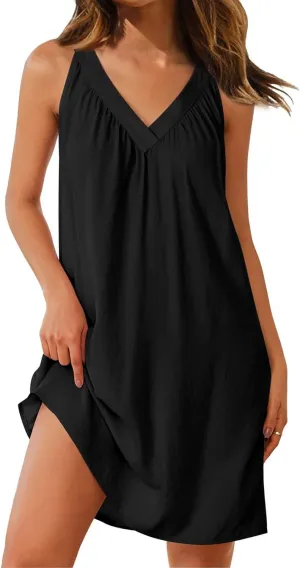 Women's Midi Dresses Sundresses Casual Loose Trendy Sleeveless V-Neck Solid Color Lightweight Dress, S-3XL