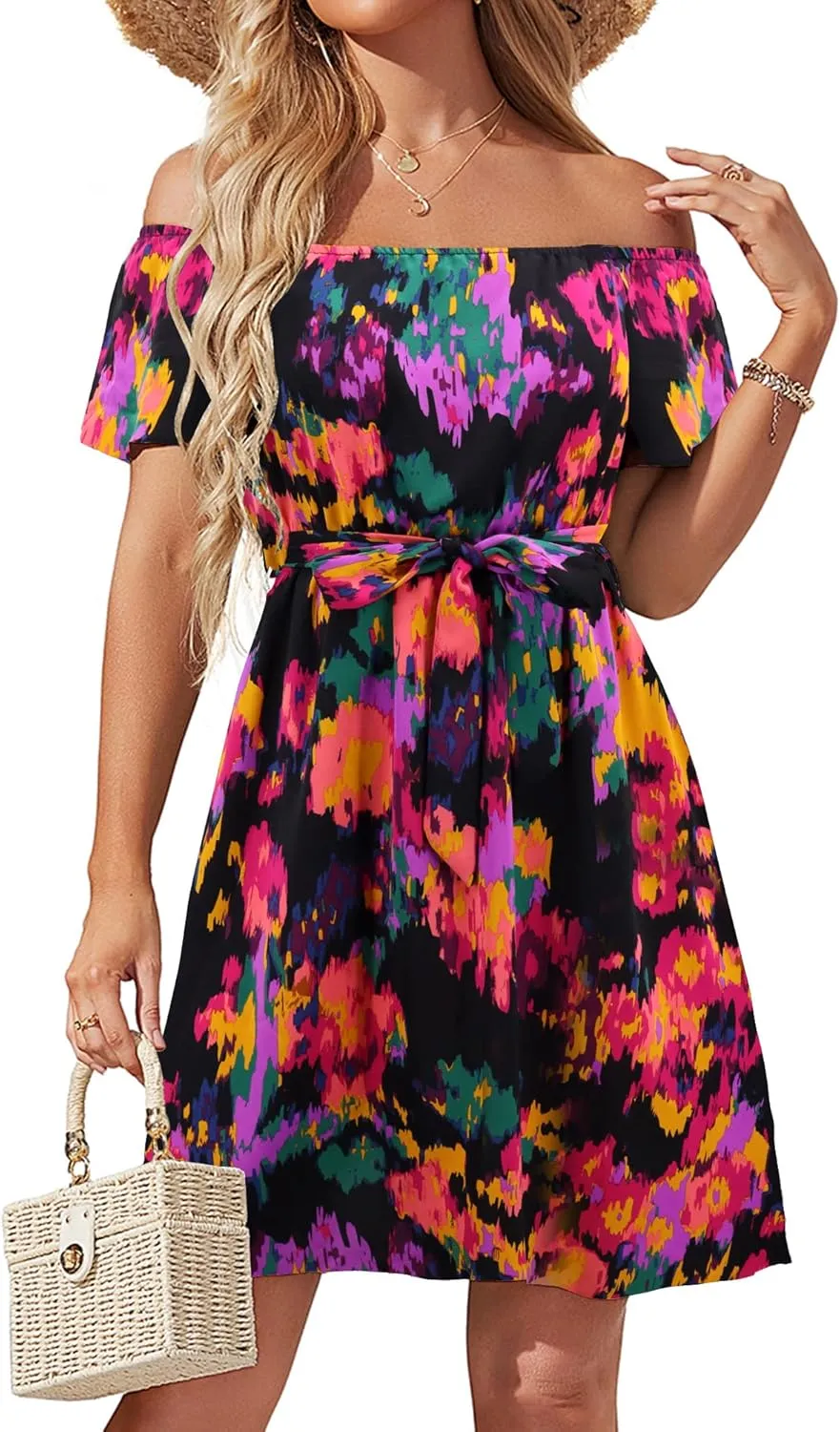 Womens Off Shoulder Ruffle Floral Summer Wedding Guest Dresses A Line Shift Short Skater Dress with Belt