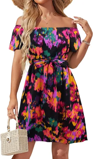Womens Off Shoulder Ruffle Floral Summer Wedding Guest Dresses A Line Shift Short Skater Dress with Belt