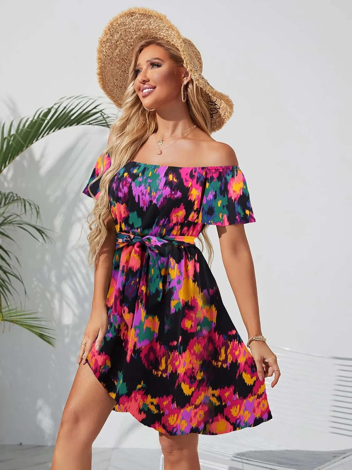 Womens Off Shoulder Ruffle Floral Summer Wedding Guest Dresses A Line Shift Short Skater Dress with Belt