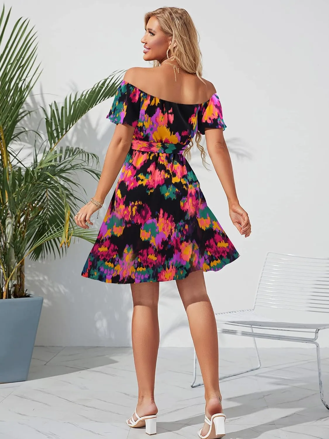 Womens Off Shoulder Ruffle Floral Summer Wedding Guest Dresses A Line Shift Short Skater Dress with Belt