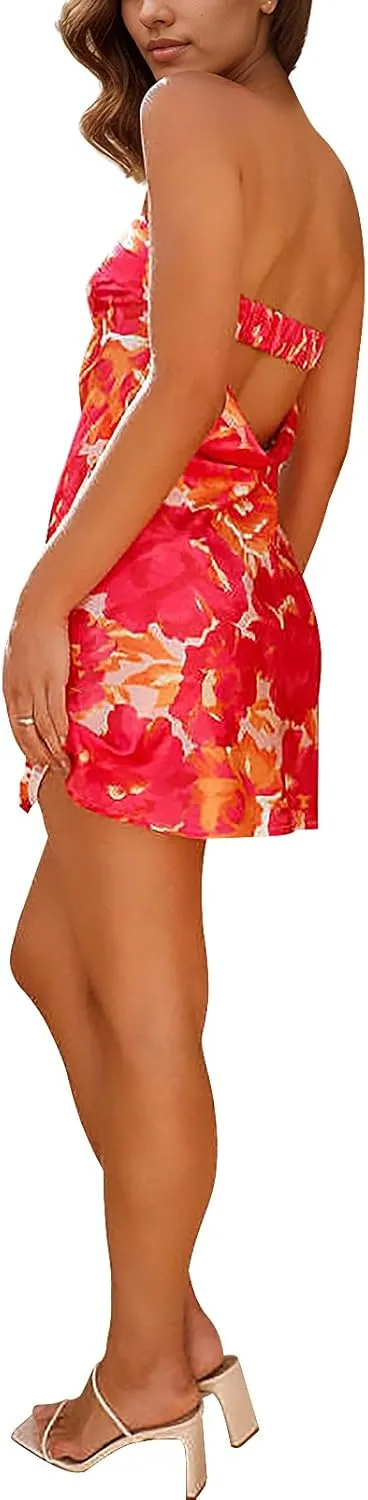 Womens Open Back Mini Dress Sexy Satin Floral Elegant Strapless Cocktail Dresses Date Night Party Club Bandeau Tube Dress
