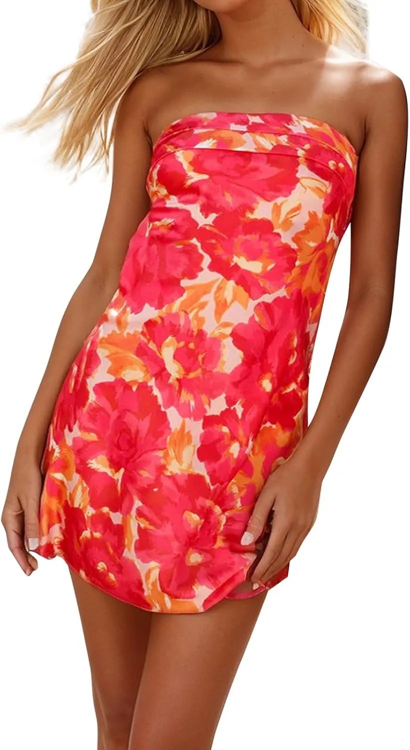 Womens Open Back Mini Dress Sexy Satin Floral Elegant Strapless Cocktail Dresses Date Night Party Club Bandeau Tube Dress