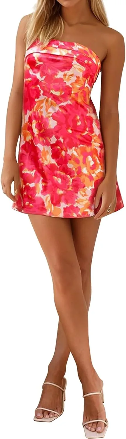 Womens Open Back Mini Dress Sexy Satin Floral Elegant Strapless Cocktail Dresses Date Night Party Club Bandeau Tube Dress
