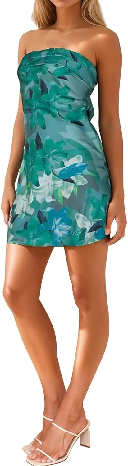 Womens Open Back Mini Dress Sexy Satin Floral Elegant Strapless Cocktail Dresses Date Night Party Club Bandeau Tube Dress