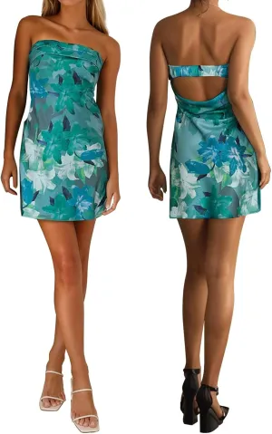 Womens Open Back Mini Dress Sexy Satin Floral Elegant Strapless Cocktail Dresses Date Night Party Club Bandeau Tube Dress