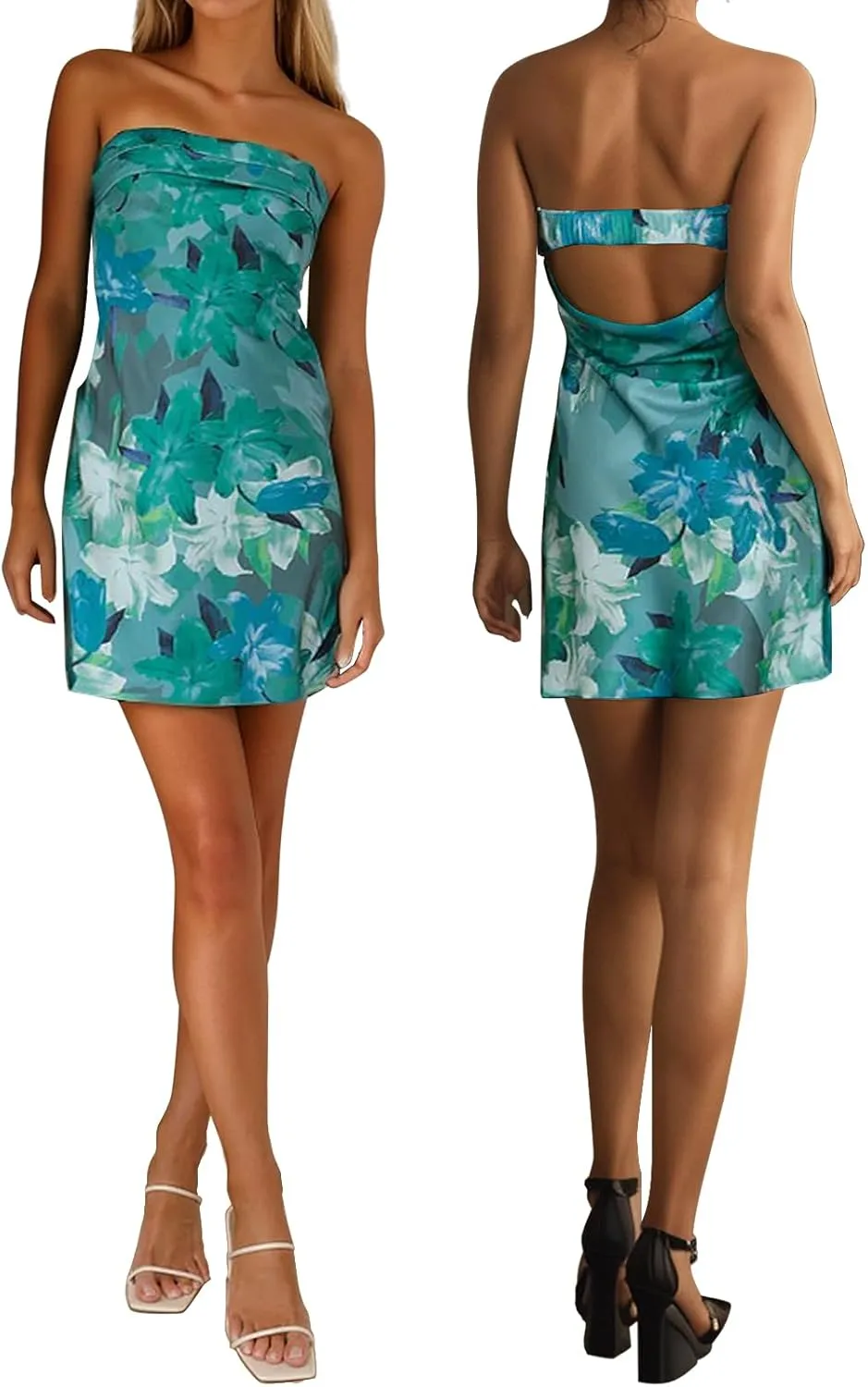 Womens Open Back Mini Dress Sexy Satin Floral Elegant Strapless Cocktail Dresses Date Night Party Club Bandeau Tube Dress