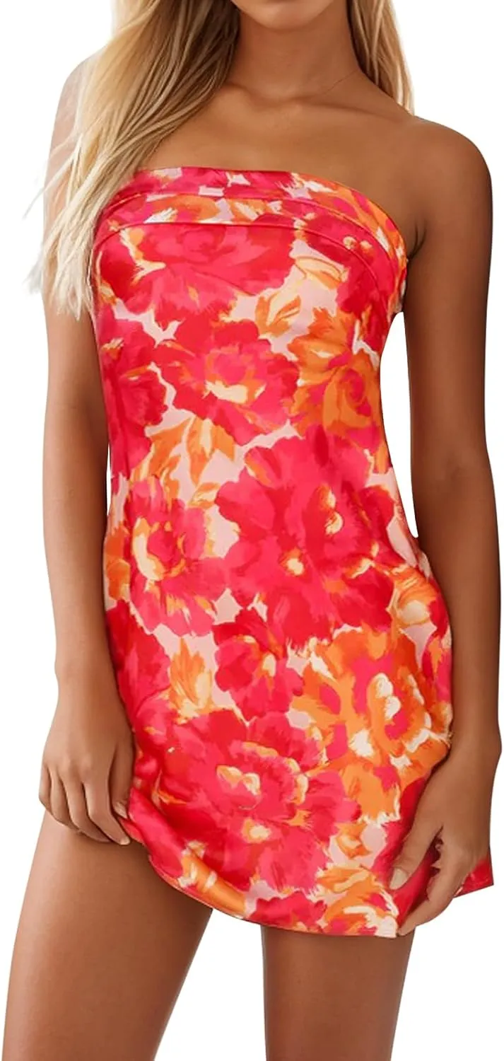 Womens Open Back Mini Dress Sexy Satin Floral Elegant Strapless Cocktail Dresses Date Night Party Club Bandeau Tube Dress