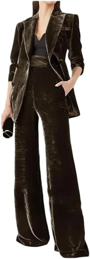 Womens Pant Suit Velvet 2 pcs Peak Lapel Double Breasted Women's Suiting for Work Professional
