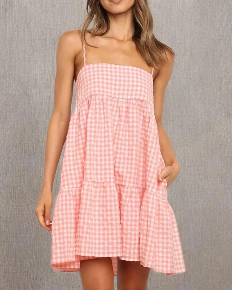 Womens Plaid A-line Dresses Shoulder Straps Ruffle Hem Casual Mini Dress with Side Pocket