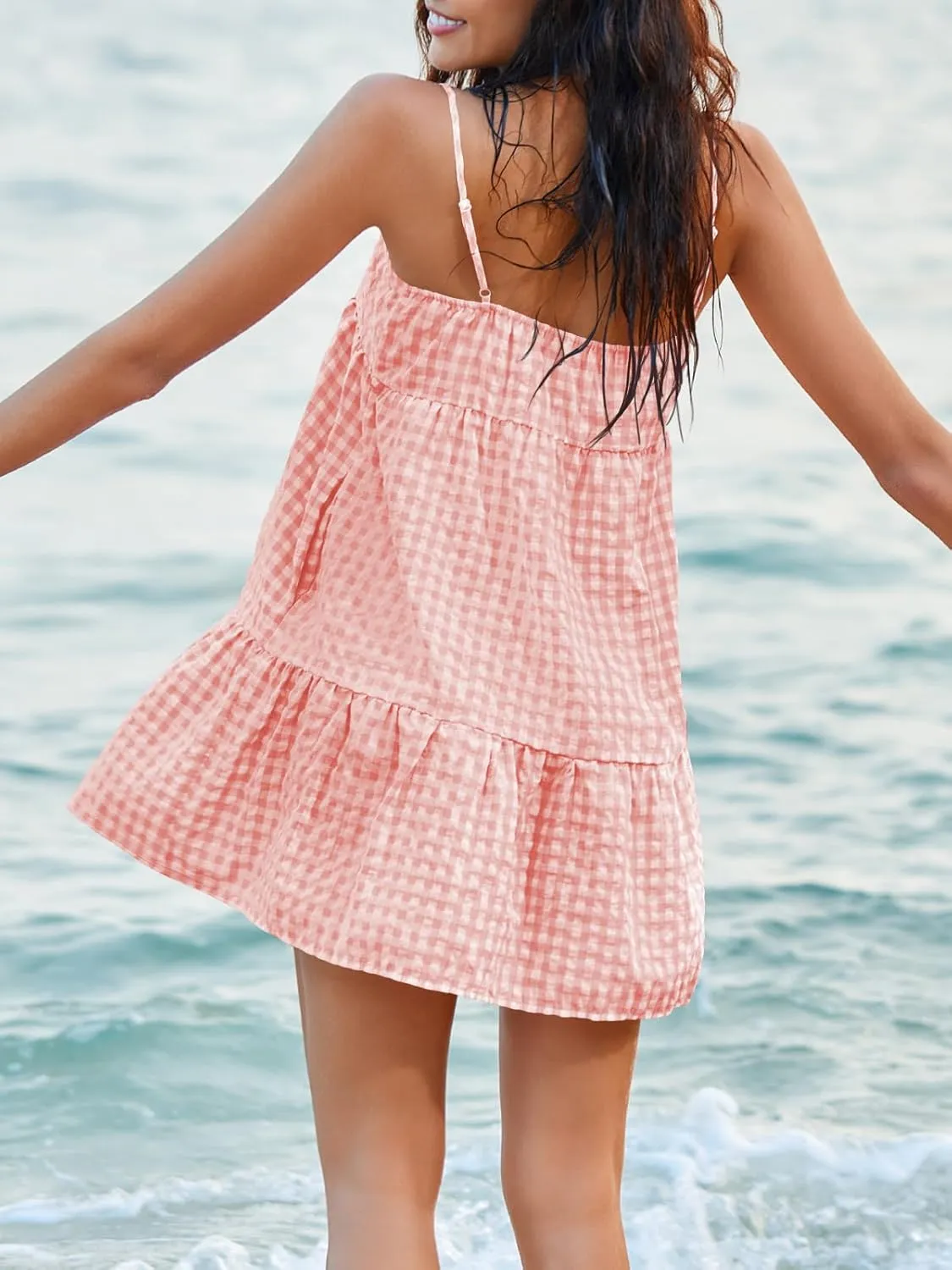 Womens Plaid A-line Dresses Shoulder Straps Ruffle Hem Casual Mini Dress with Side Pocket