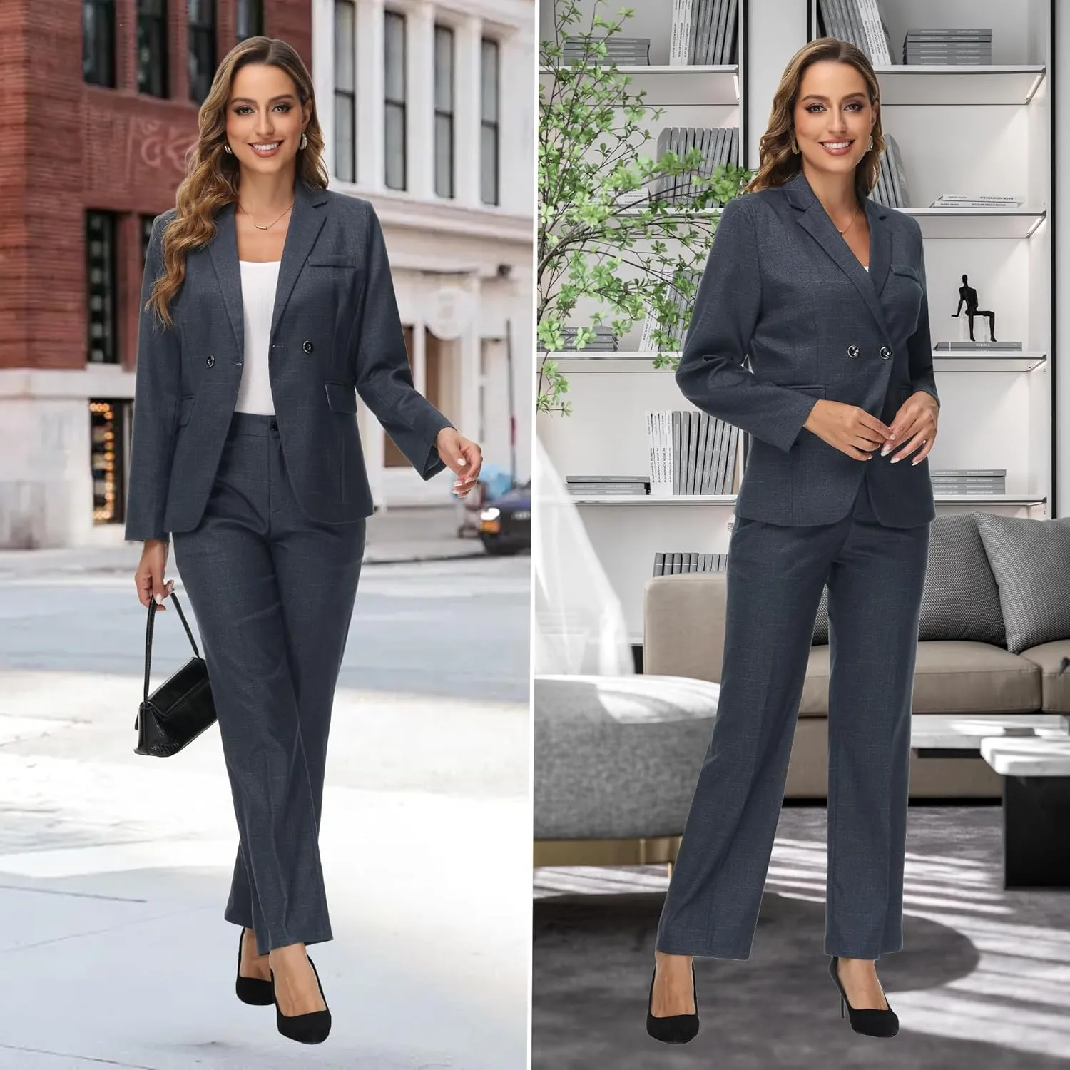 Women's Plaid Suit 2 Piece Set Work Dresses Blazer Pants Suiting for Women Office Outfits