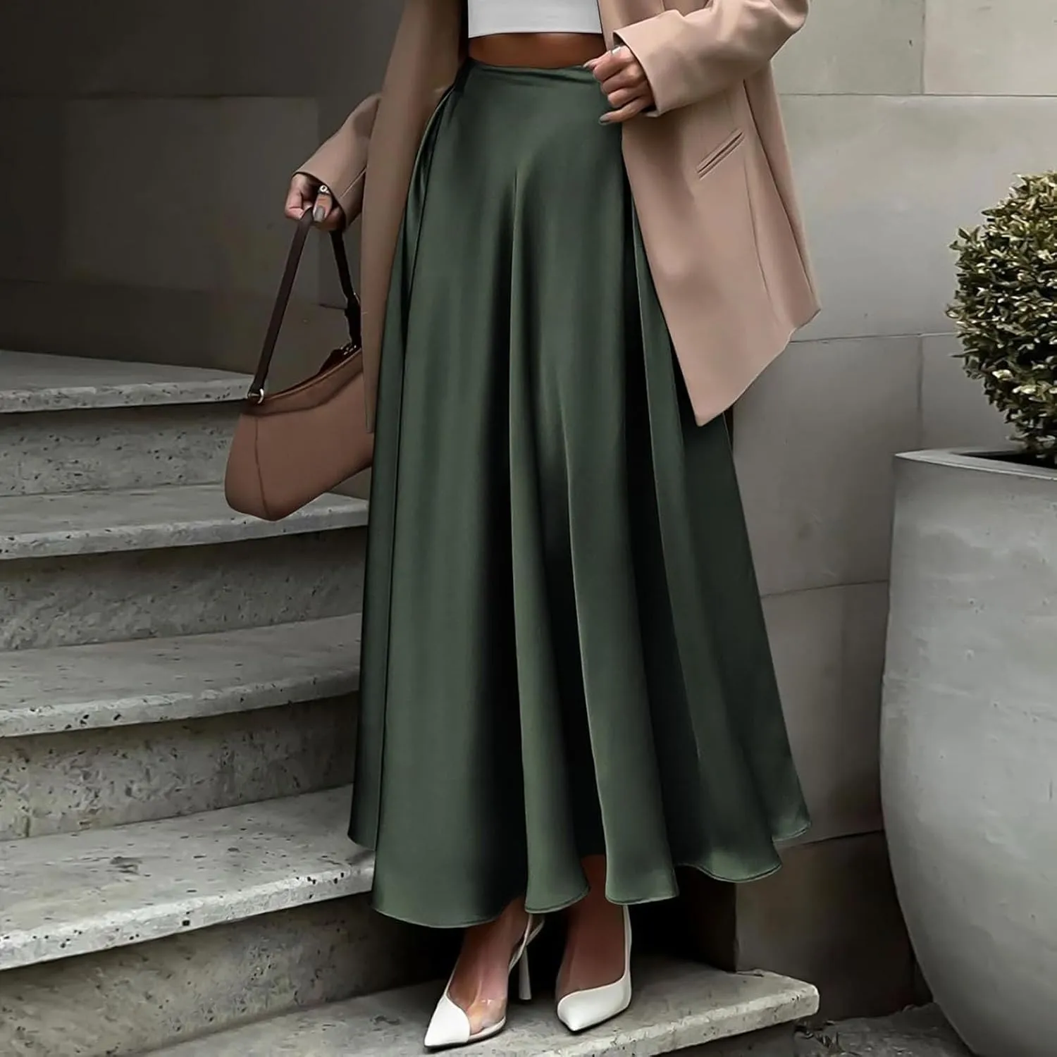 Womens Pleated Satin Maxi Skirt Solid Color High Waisted A Line Office Work Casual Elegant Flowy Fashion Skirts