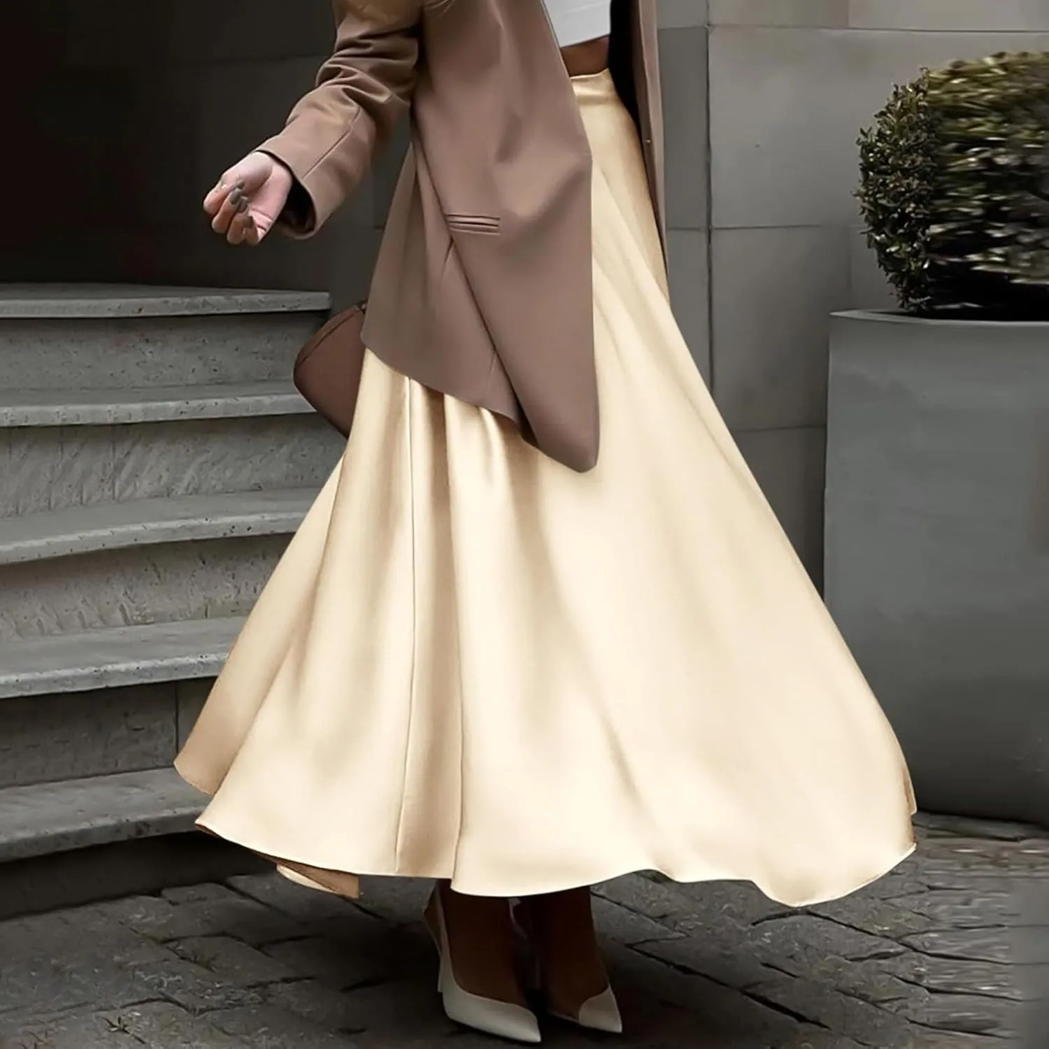 Womens Pleated Satin Maxi Skirt Solid Color High Waisted A Line Office Work Casual Elegant Flowy Fashion Skirts