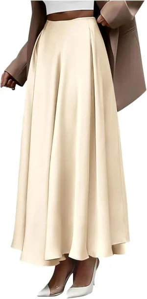 Womens Pleated Satin Maxi Skirt Solid Color High Waisted A Line Office Work Casual Elegant Flowy Fashion Skirts