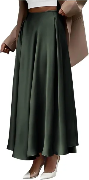 Womens Pleated Satin Maxi Skirt Solid Color High Waisted A Line Office Work Casual Elegant Flowy Fashion Skirts