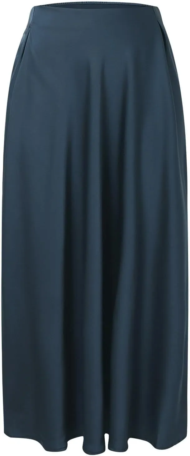 Womens Pleated Satin Maxi Skirt Solid Color High Waisted A Line Office Work Casual Elegant Flowy Fashion Skirts
