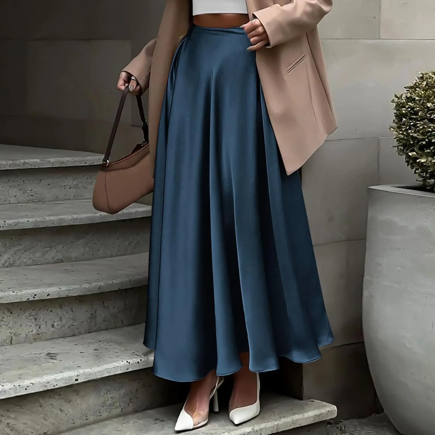 Womens Pleated Satin Maxi Skirt Solid Color High Waisted A Line Office Work Casual Elegant Flowy Fashion Skirts