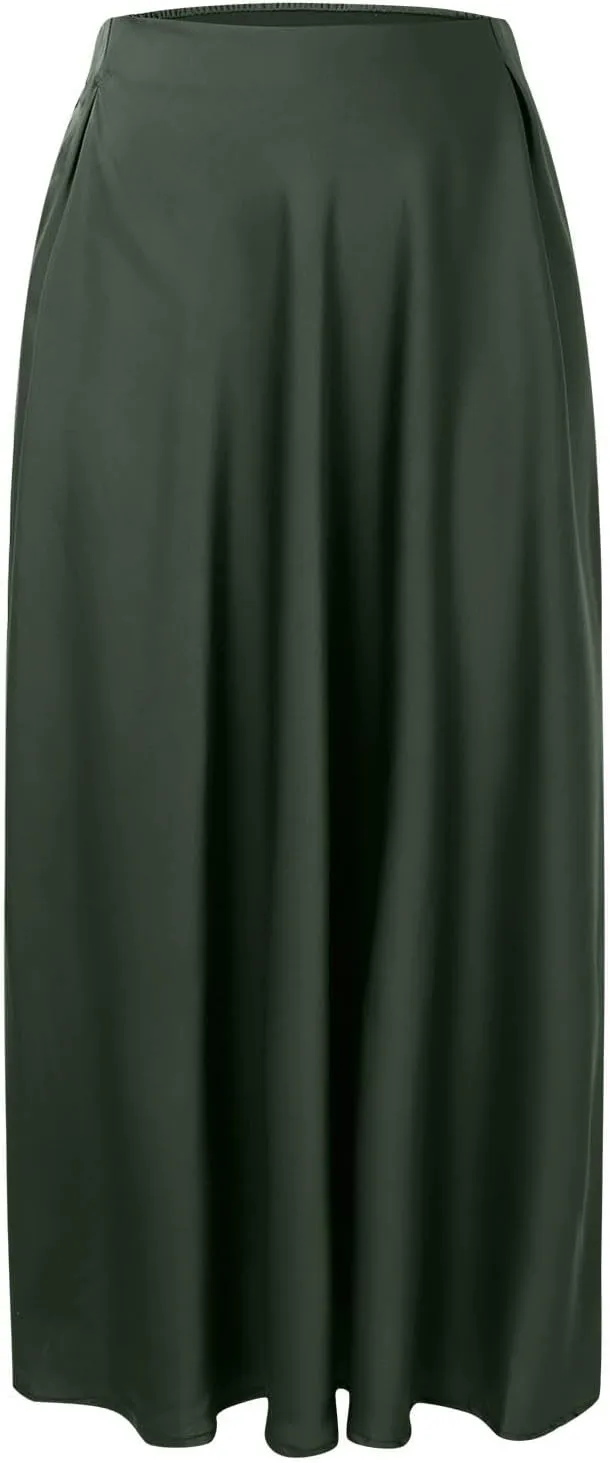 Womens Pleated Satin Maxi Skirt Solid Color High Waisted A Line Office Work Casual Elegant Flowy Fashion Skirts