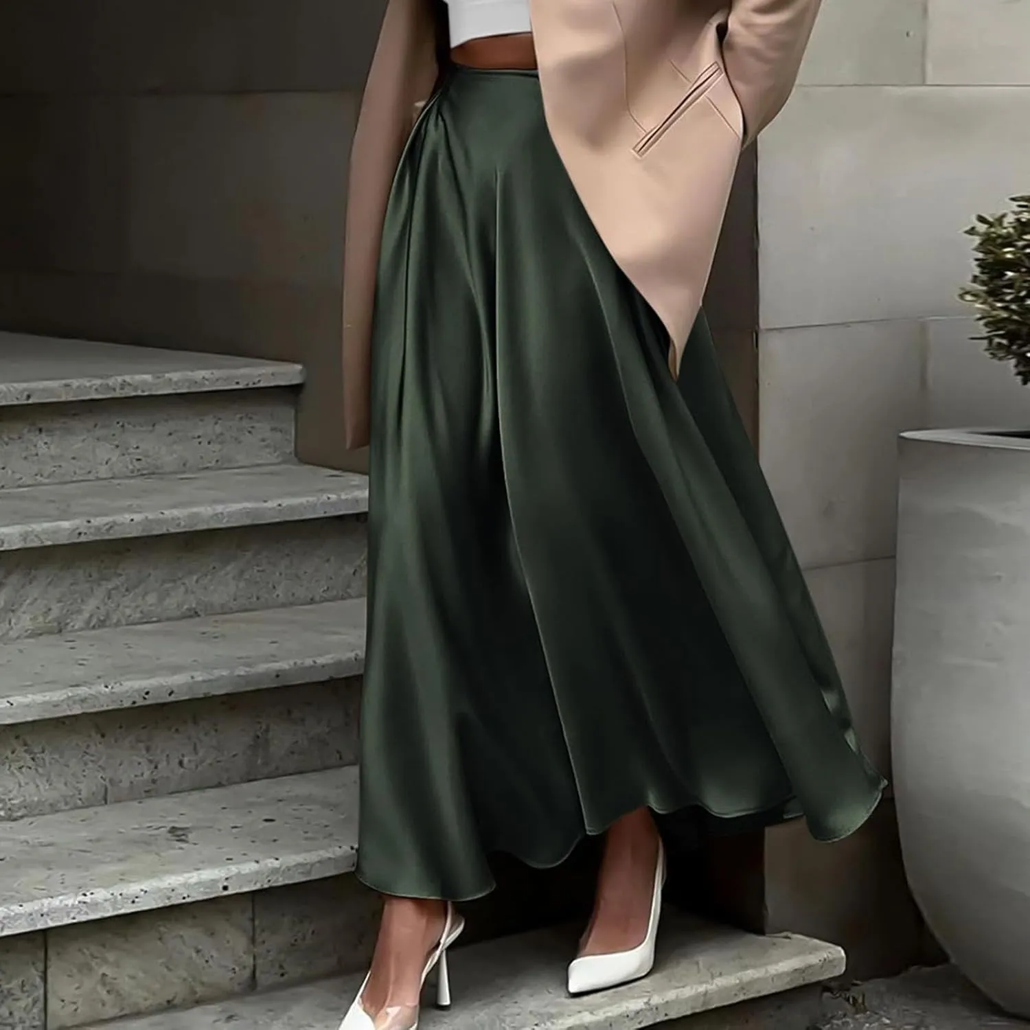 Womens Pleated Satin Maxi Skirt Solid Color High Waisted A Line Office Work Casual Elegant Flowy Fashion Skirts