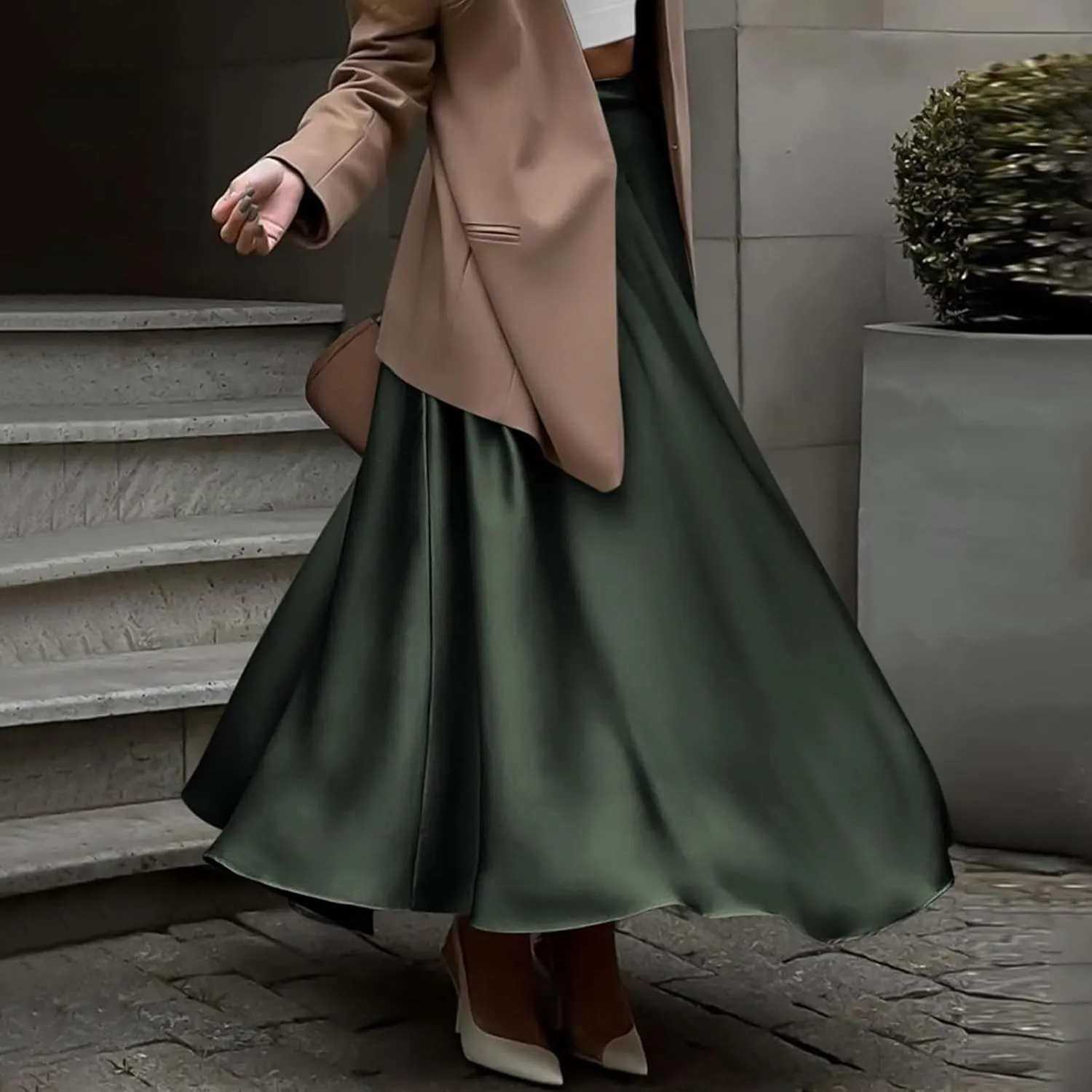 Womens Pleated Satin Maxi Skirt Solid Color High Waisted A Line Office Work Casual Elegant Flowy Fashion Skirts