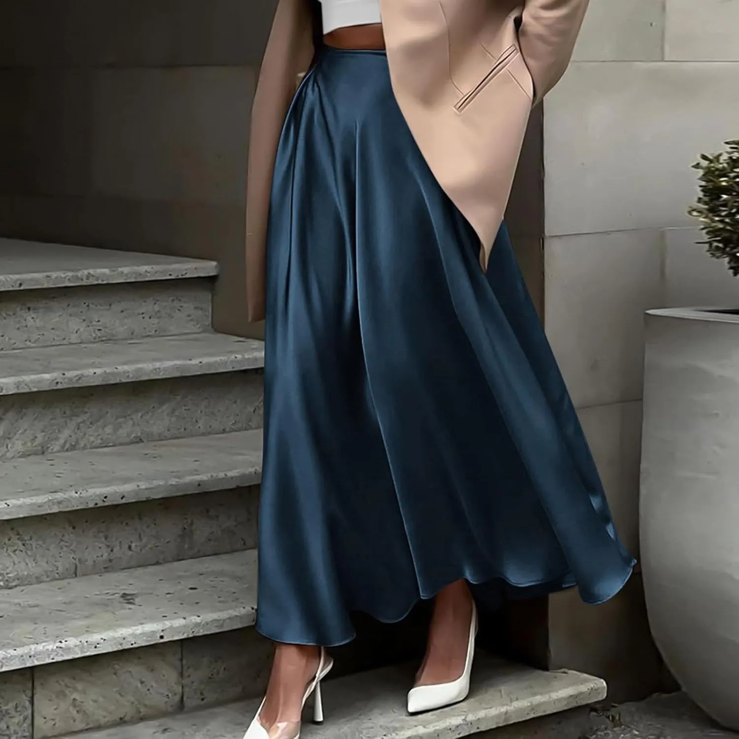 Womens Pleated Satin Maxi Skirt Solid Color High Waisted A Line Office Work Casual Elegant Flowy Fashion Skirts