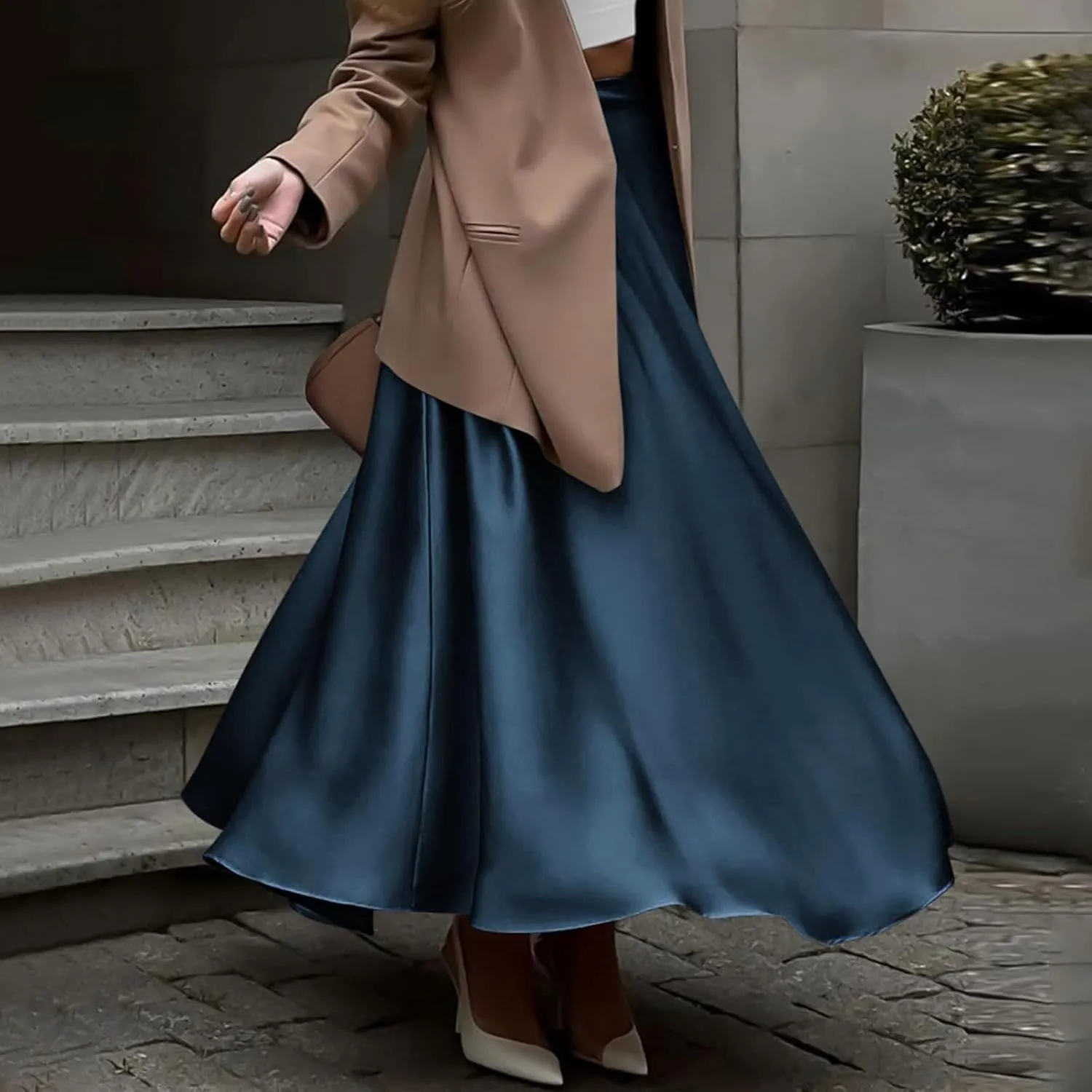 Womens Pleated Satin Maxi Skirt Solid Color High Waisted A Line Office Work Casual Elegant Flowy Fashion Skirts