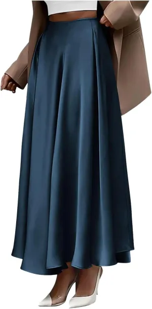 Womens Pleated Satin Maxi Skirt Solid Color High Waisted A Line Office Work Casual Elegant Flowy Fashion Skirts