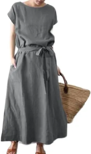 Womens Plus Size Cotton Linen Dresses with Pockets, Short Sleeve Casual Summer Baggy Loose Maxi Long Dress with Belt