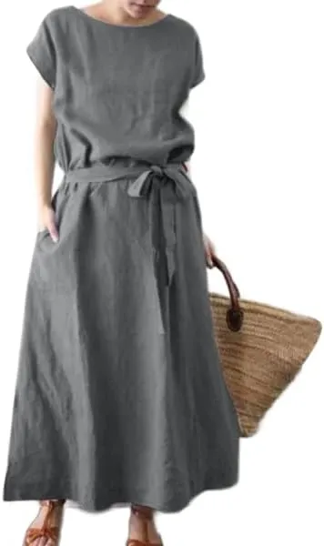 Womens Plus Size Cotton Linen Dresses with Pockets, Short Sleeve Casual Summer Baggy Loose Maxi Long Dress with Belt