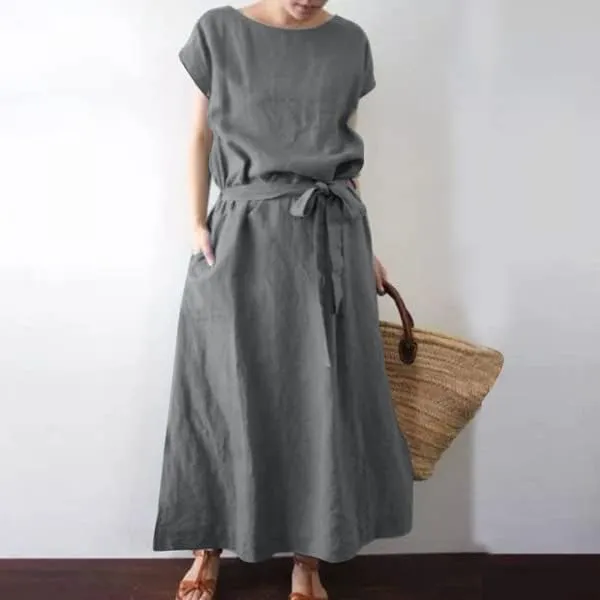 Womens Plus Size Cotton Linen Dresses with Pockets, Short Sleeve Casual Summer Baggy Loose Maxi Long Dress with Belt