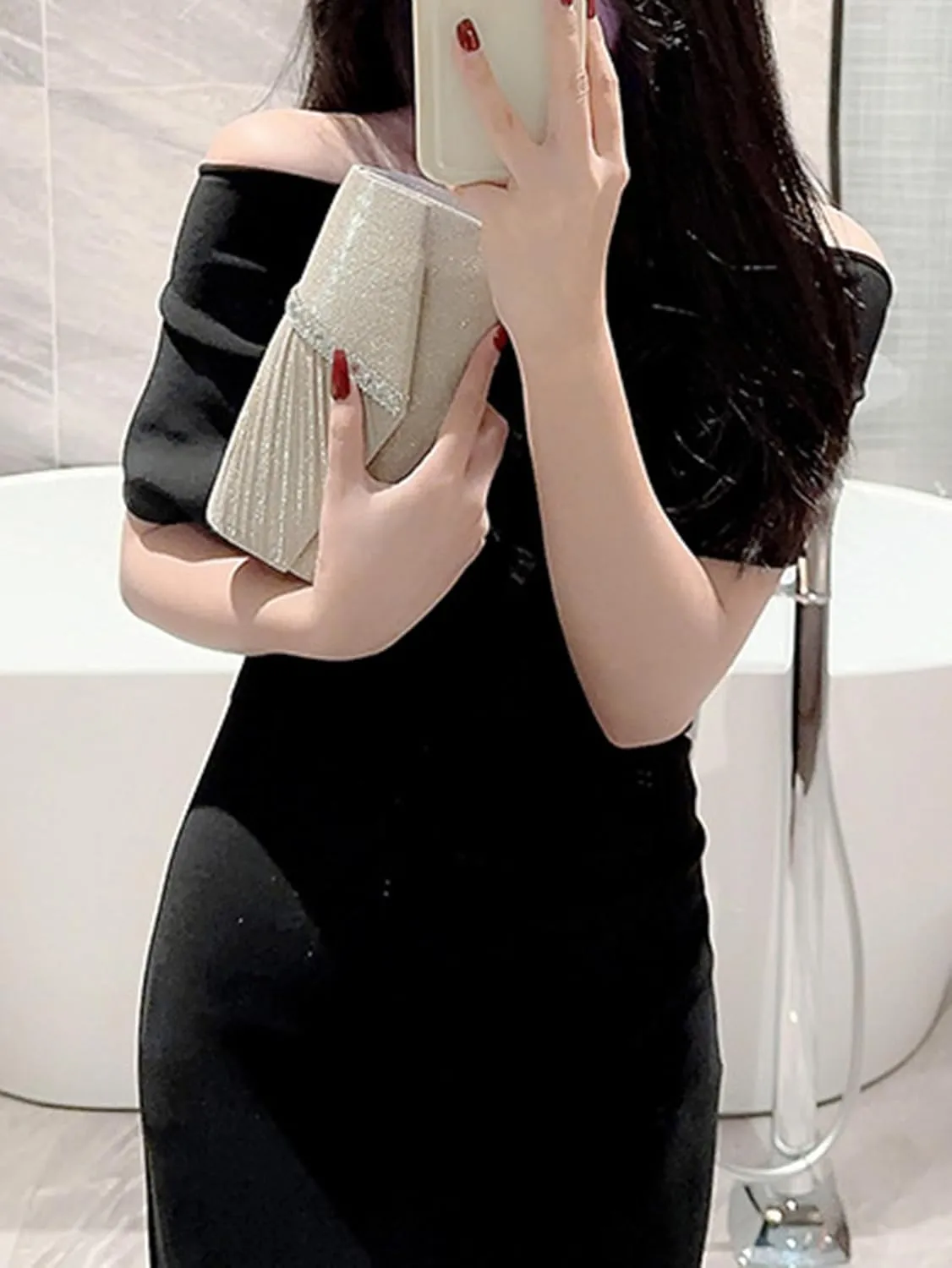 Women's Rhinestone Evening Bag Purse Glitter Clutch Crystal Pearl Party Handbag with Chain