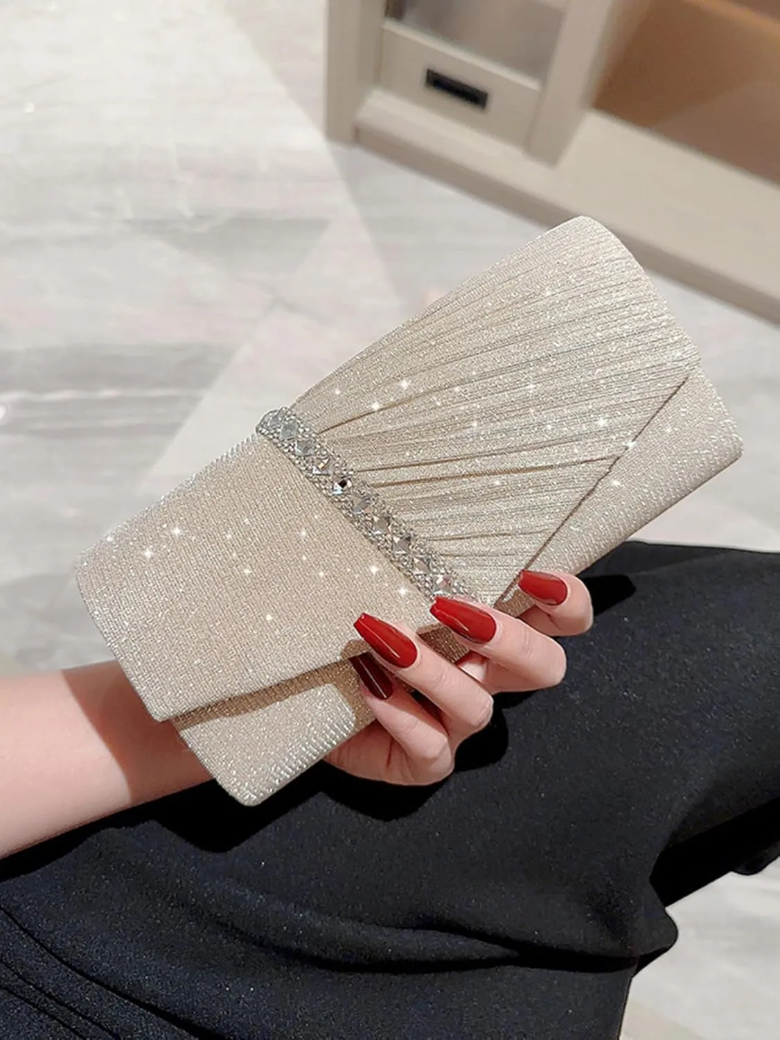 Women's Rhinestone Evening Bag Purse Glitter Clutch Crystal Pearl Party Handbag with Chain