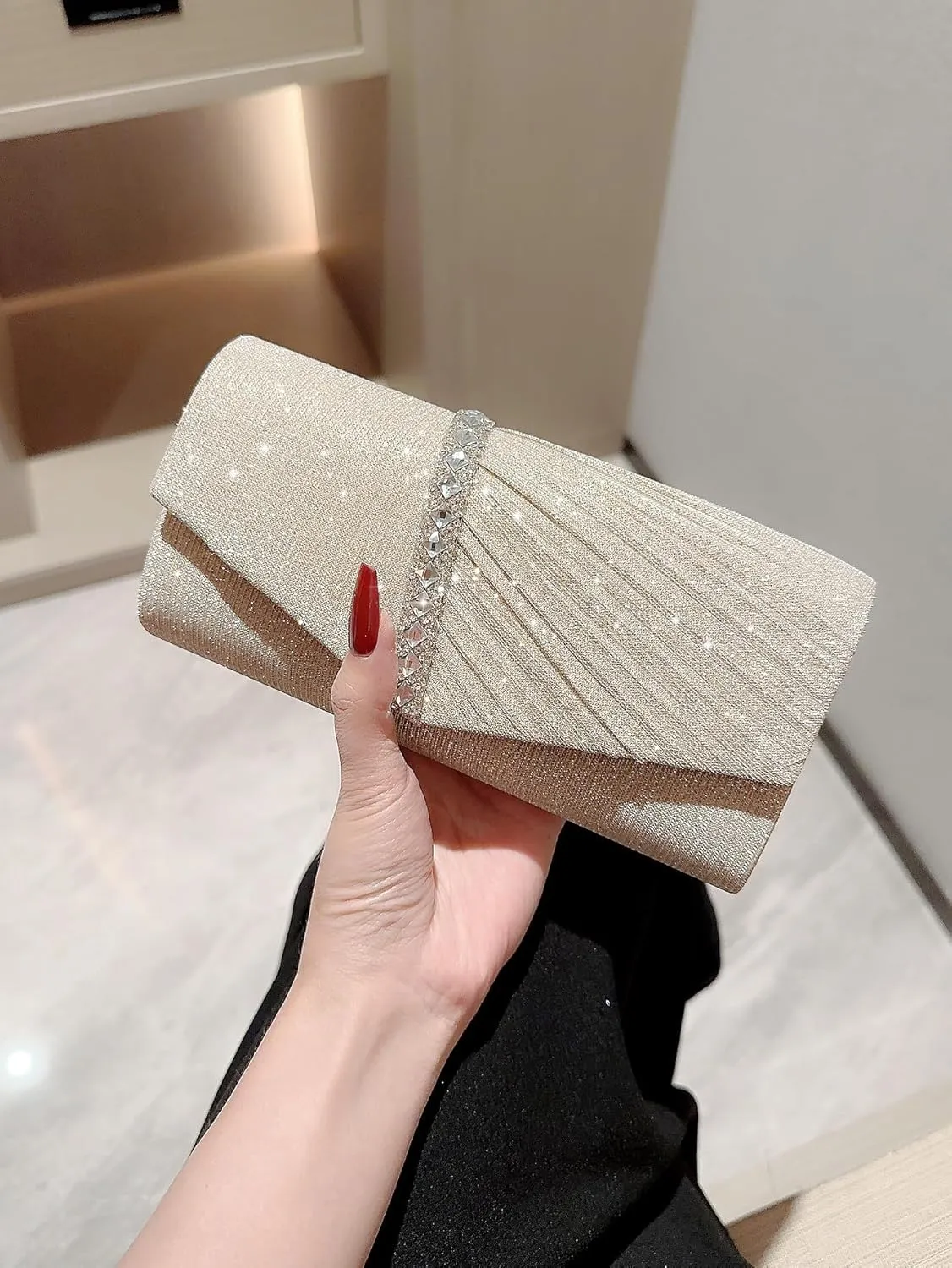 Women's Rhinestone Evening Bag Purse Glitter Clutch Crystal Pearl Party Handbag with Chain