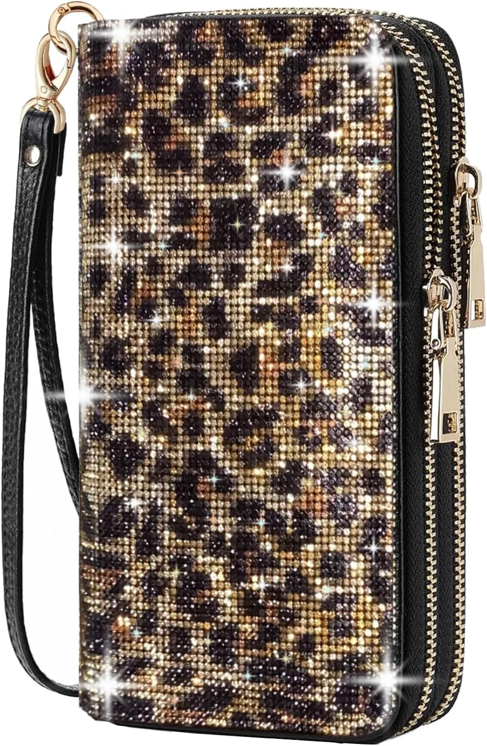Women's Rhinestone Large Capacity Double Zipper Wristlet Clutch Purse Party Wallet Card Phone Holder