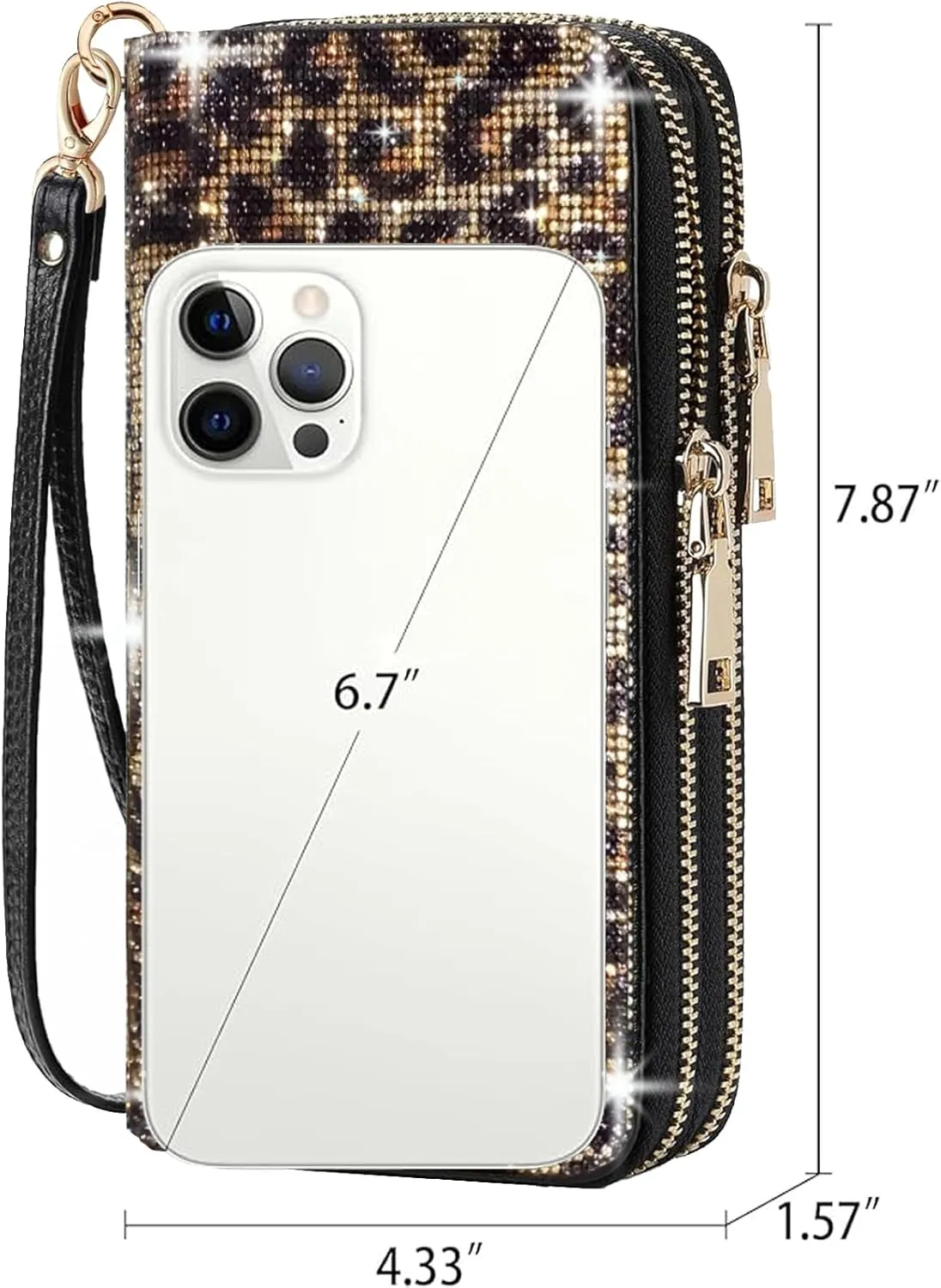 Women's Rhinestone Large Capacity Double Zipper Wristlet Clutch Purse Party Wallet Card Phone Holder