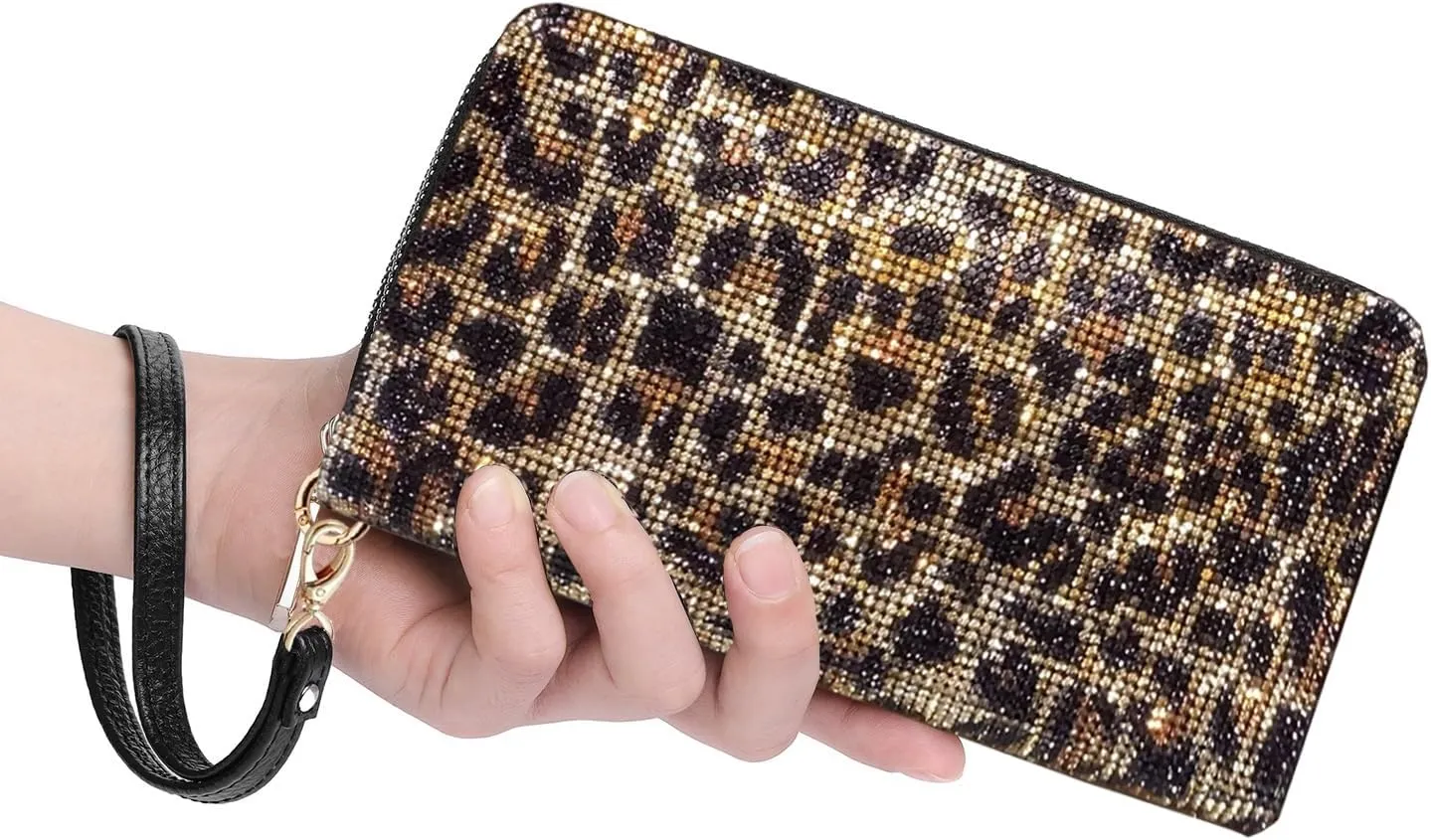 Women's Rhinestone Large Capacity Double Zipper Wristlet Clutch Purse Party Wallet Card Phone Holder