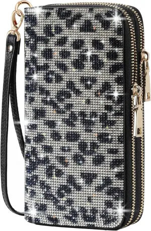 Women's Rhinestone Large Capacity Double Zipper Wristlet Clutch Purse Party Wallet Card Phone Holder