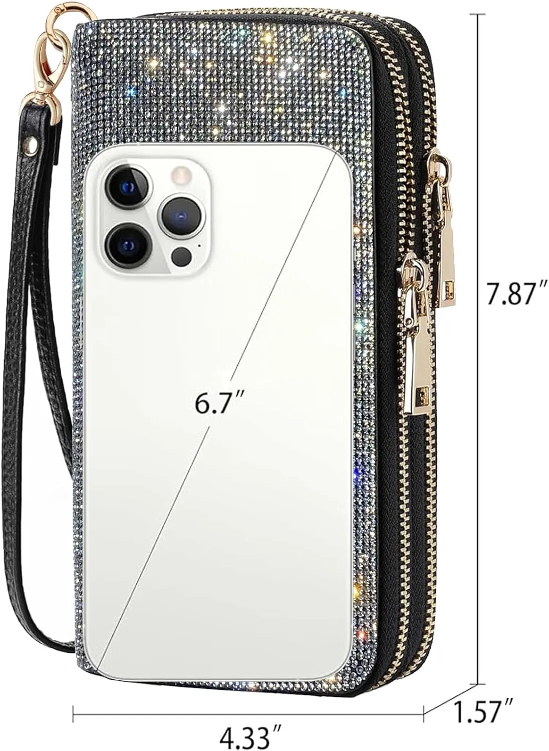 Women's Rhinestone Large Capacity Double Zipper Wristlet Clutch Purse Party Wallet Card Phone Holder