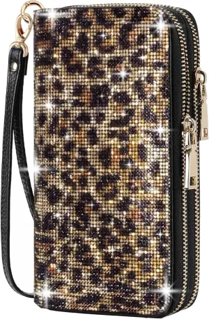 Women's Rhinestone Large Capacity Double Zipper Wristlet Clutch Purse Party Wallet Card Phone Holder