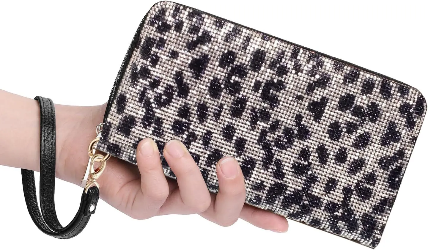 Women's Rhinestone Large Capacity Double Zipper Wristlet Clutch Purse Party Wallet Card Phone Holder