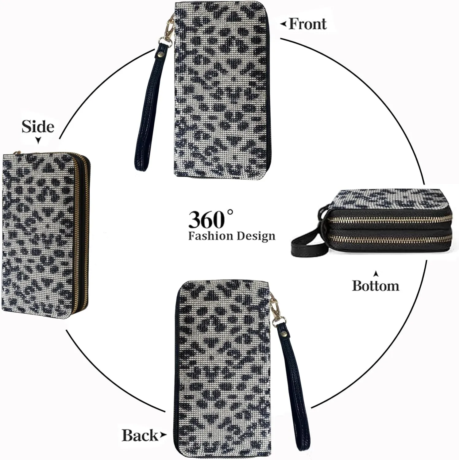 Women's Rhinestone Large Capacity Double Zipper Wristlet Clutch Purse Party Wallet Card Phone Holder