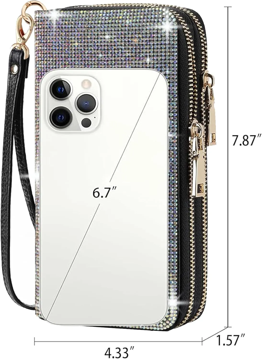 Women's Rhinestone Large Capacity Double Zipper Wristlet Clutch Purse Party Wallet Card Phone Holder