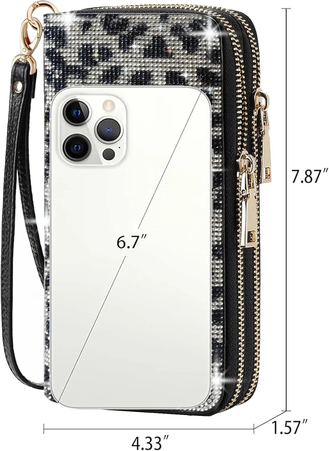 Women's Rhinestone Large Capacity Double Zipper Wristlet Clutch Purse Party Wallet Card Phone Holder